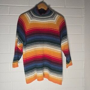 Vtg Womens Waffle Sweater Rainbow Striped Oversized Ramie Cotton Medium Mock